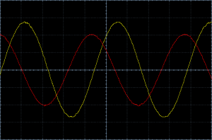 Input (red) and output (yellow) signal of the phase shifter. The frequency is 455 kHz.