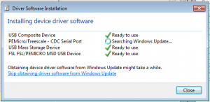 The Driver Software Installation dialog that pops up when the development board is connected to the PC for the first time