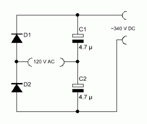 This simple voltage doubler turns the 120 V AC mains into about 340 Volts DC