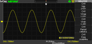 Output waveform of the Sync 'n Go on a LeCroy WaveAce oscilloscope. The output is a very clean sine wave.