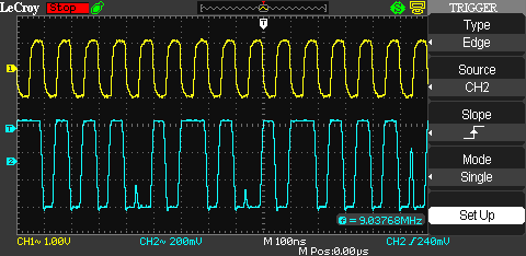 10 MHz carrier (top trace) and BPSK modulated signal (bottom trace)