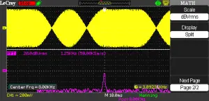 BPSK31 signal with a carrier frequency of 4 kHz. Clearly visible in the frequency domain (bottom) is a phase shift free 1. Harmonic (8 kHz)