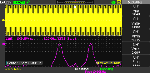 10 kHz DSB carrier modulated with a 1.25 kHz sine tone. No remaining carrier is visible, just the two sidebands.