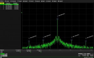 Output spectrum of a 400 MHz PLL with a 200 kHz PFD frequency. Clearly visible, the spurs 200 kHz left and right from the carrier