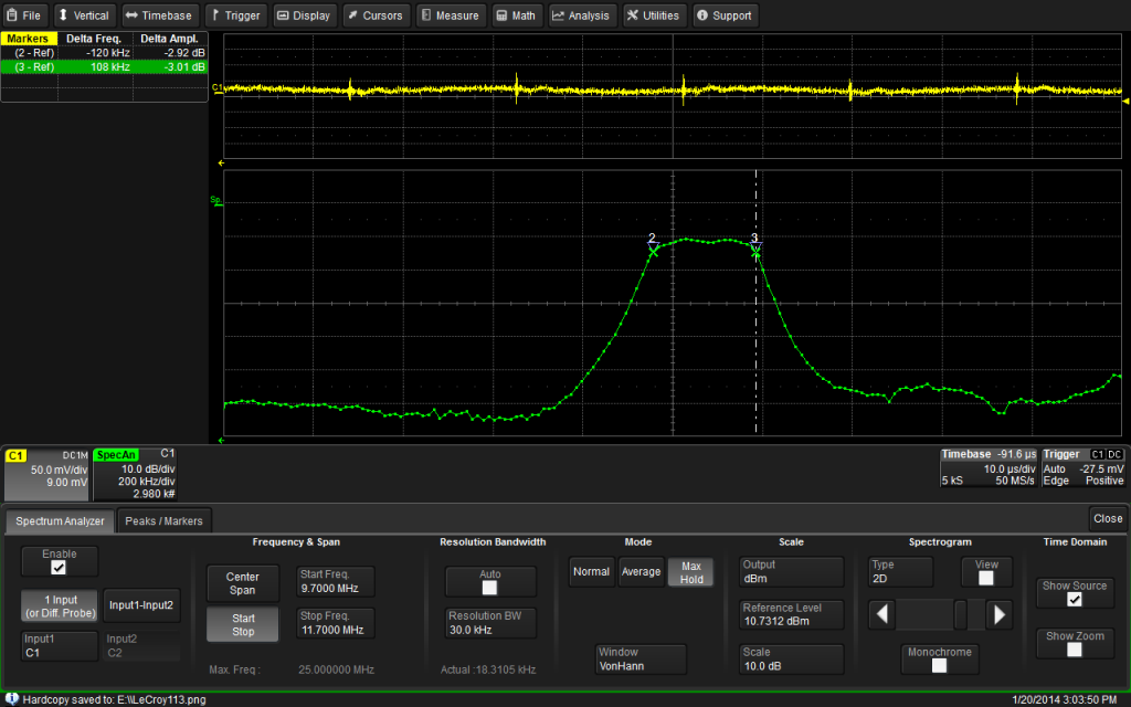 10.7 MHz ceramic IF filter measured using a sweep generator