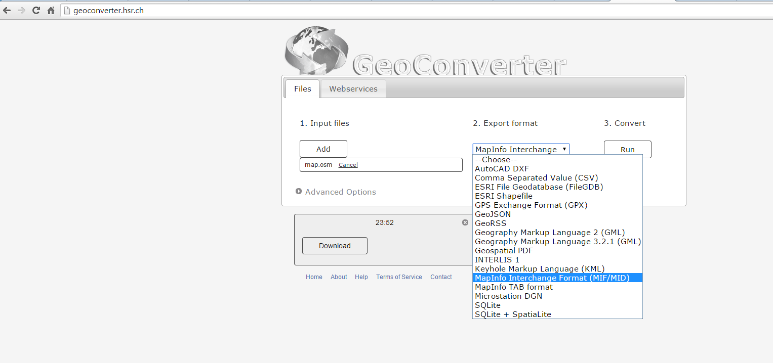 GeoConverter converts OSM files to MIF files