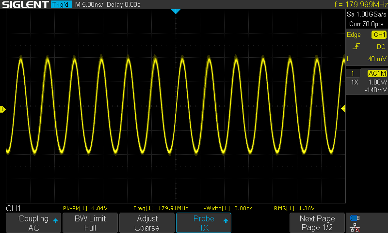 ICS501 output signal, 30 MHz input clock, multiplication factor 6, 180 MHz output signal