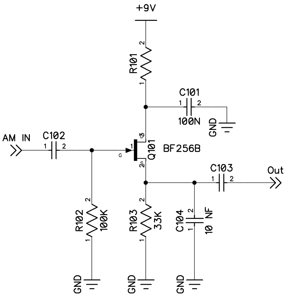 Schematic of the JFET-based infinite impedance detector used in my experiments. R101, C102 and C103 have been omitted in the test circuit.