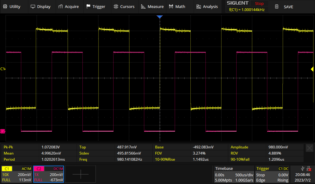 1 kHz square wave test. Bottom trace; Input, Top Trace: Output from DAC0