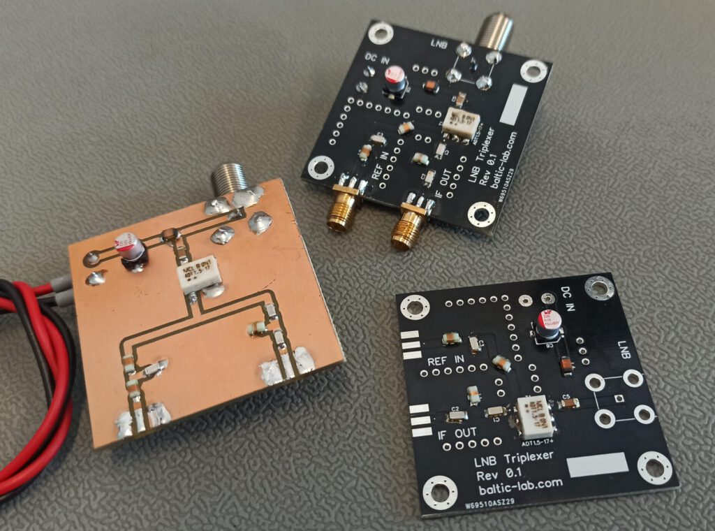 Different PCB prototype versions of the Diplexer with integrated bias-T
