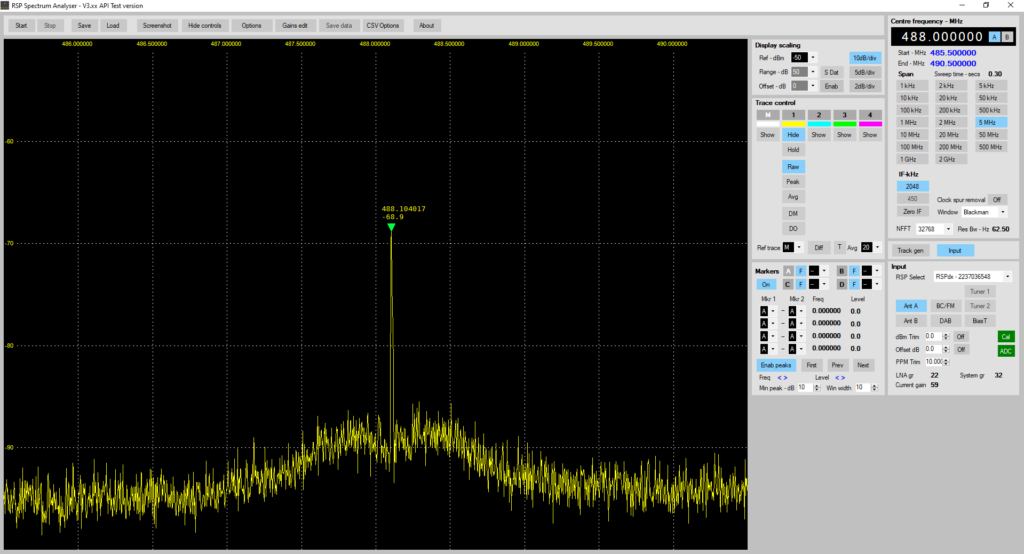 Output from the IF port viewed on a SDRPlay RSPdx, reference input frequency 10.488 GHz, reference clock input =  25.641025 MHz