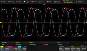 Input voltage (yellow), dual-diode step-function output from DAC0 (purple) and exponential function output from DAC1 (green) with strongly visible clipping.