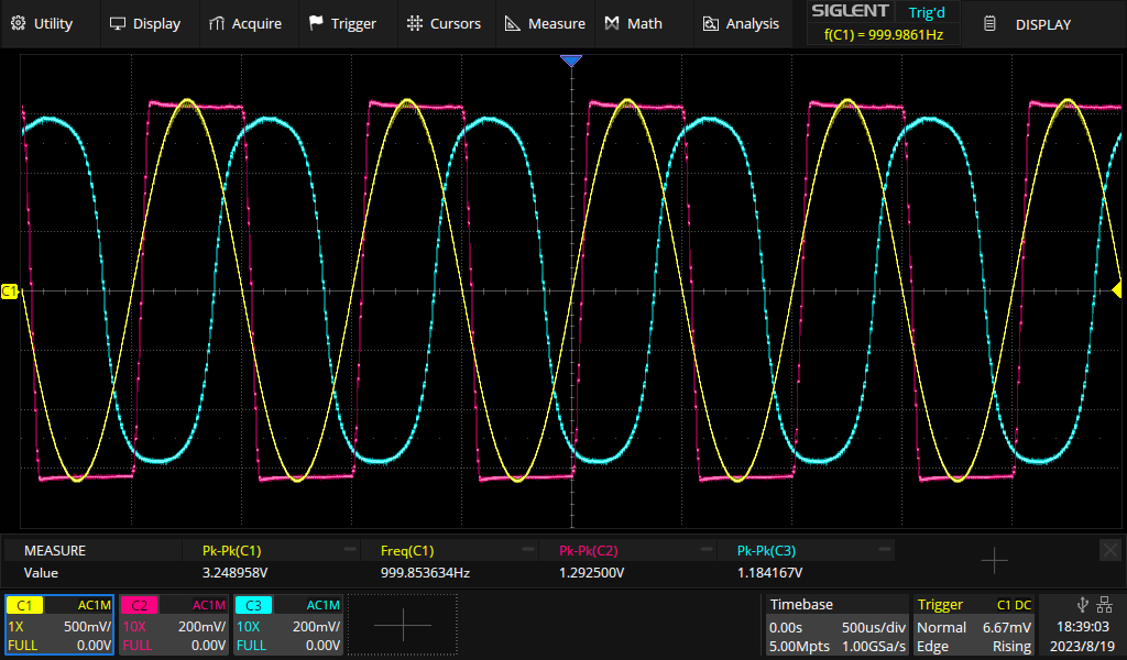 Input voltage (yellow), dual-diode step-function output from DAC0 (purple) and exponential function output from DAC1 (green) with strongly visible clipping.