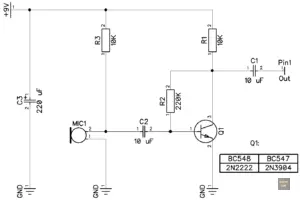 Simple implementation of a microphone preamplifier for an electret microphone.