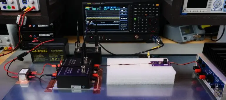 Modified test setup using a sealed lead-acid battery as a low-noise power source, with the LISN Mate installed for differential- and common-mode separation