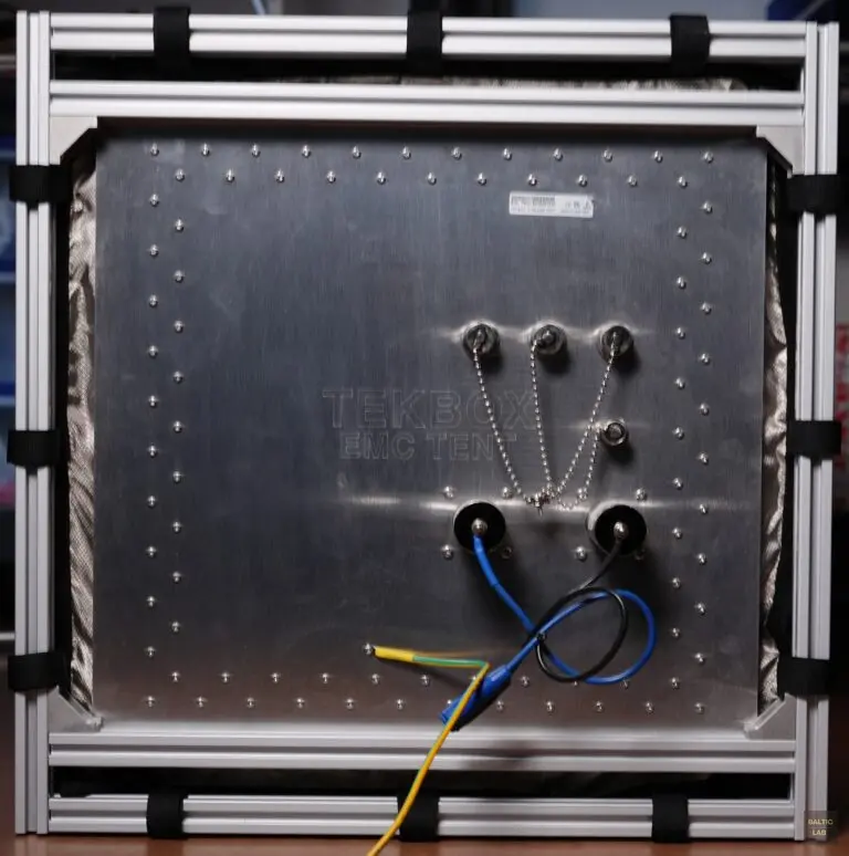 Base plate of the shielded enclosure showing N- and BNC-type connectors and the integrated supply line filters