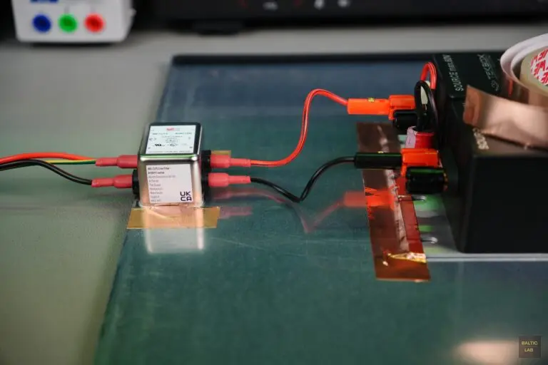 Supply voltage input section showing the line filter (left) and connections to the LISNs